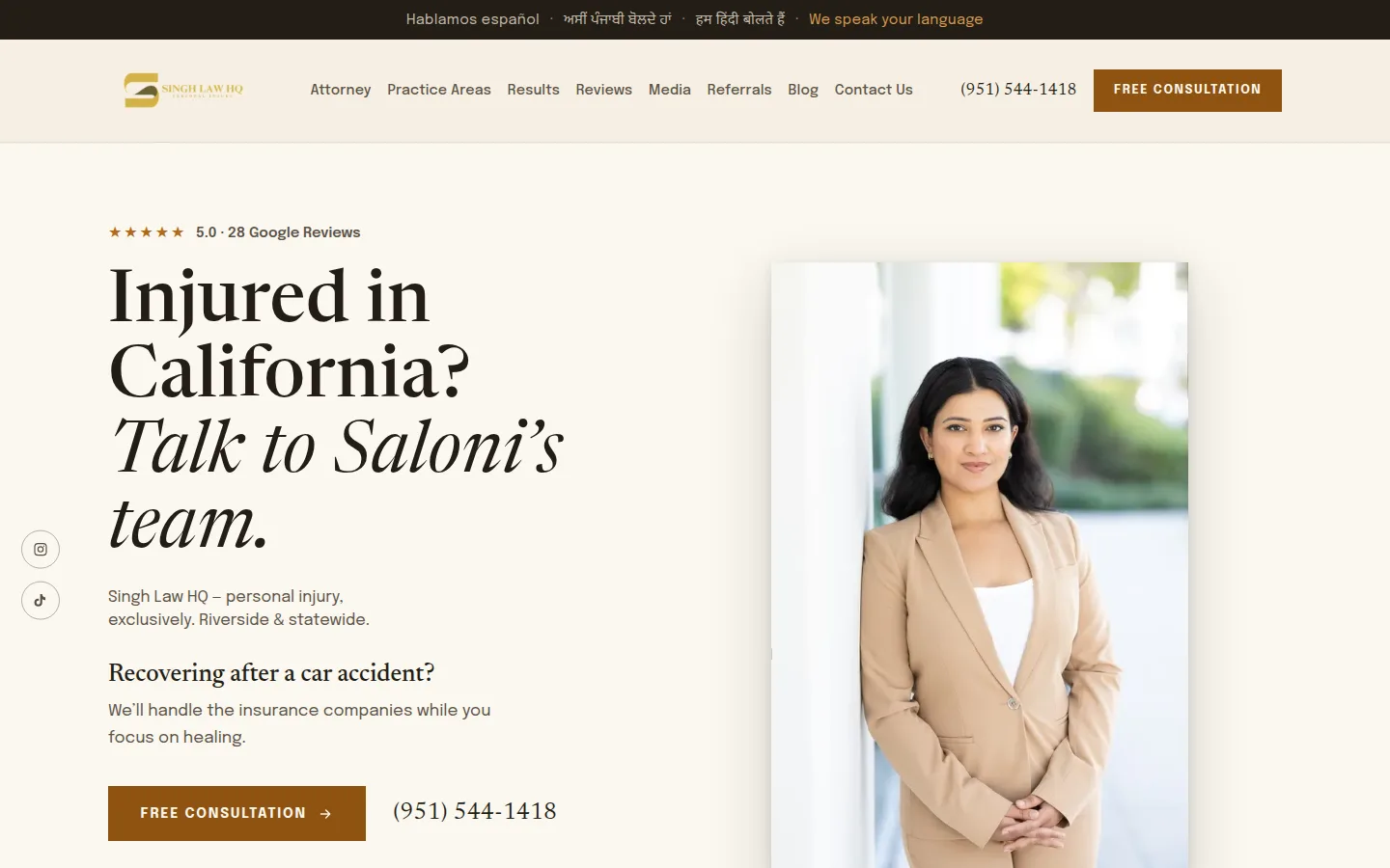 Singh Law HQ personal injury law firm website homepage, designed and built by LinkTech Solutions